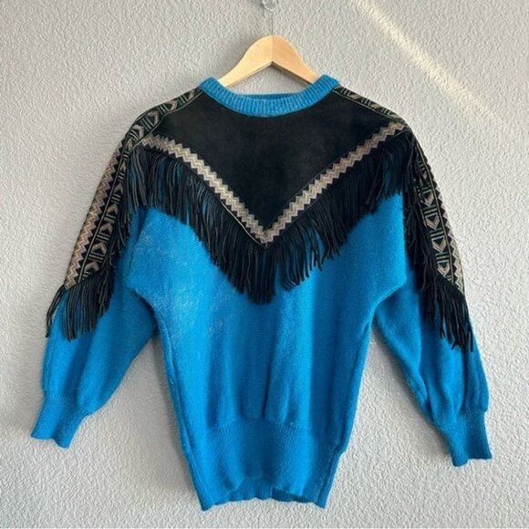 Pioneer Wear Knit Sweater Southwest Leather Fringe Tassel Cowgirl Vintage Small - Picture 1 of 4